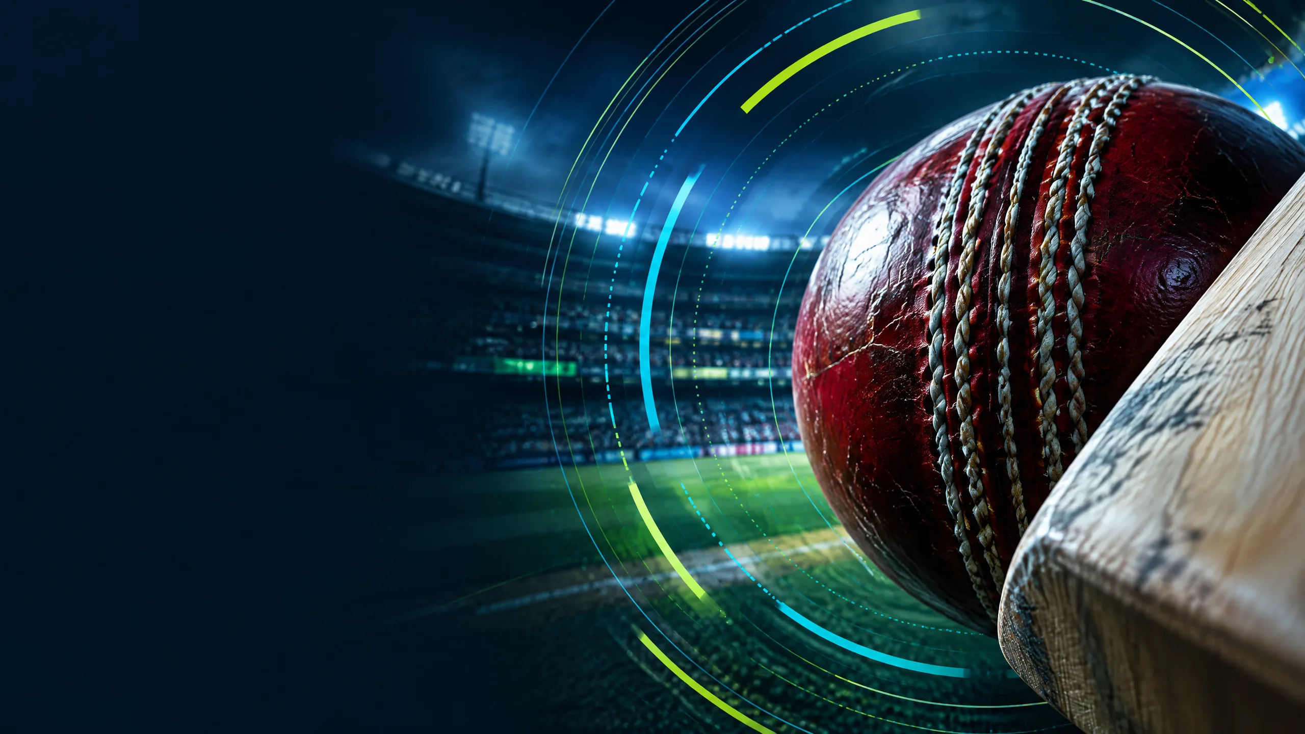 Close-up cricket ball and bat with technical light rings