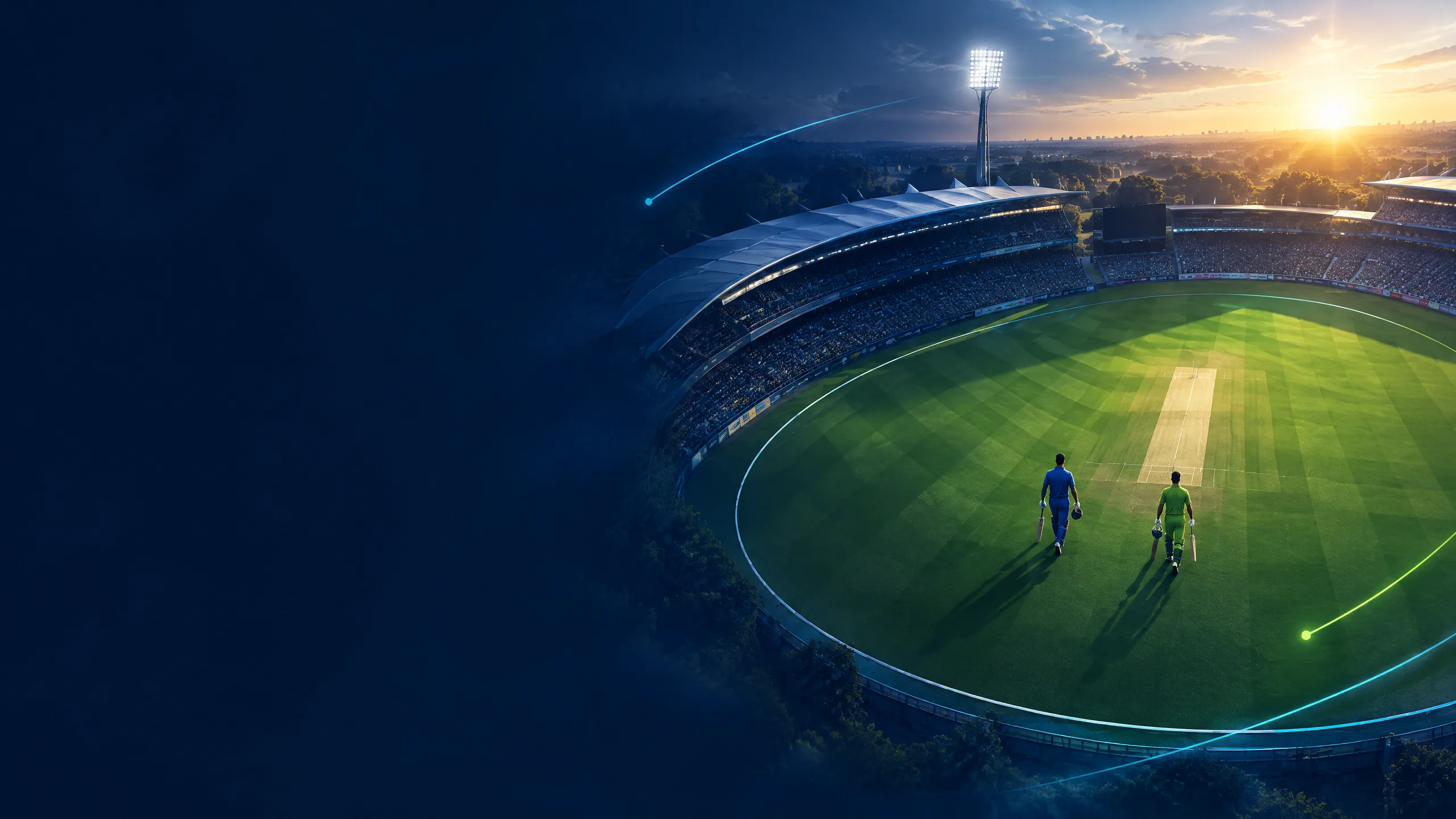 Cricket players walking onto a stadium field at dawn