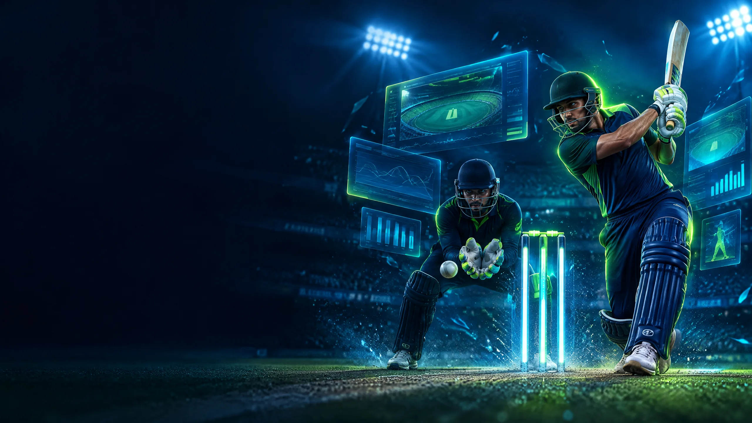 Fictional cricket action beside illuminated stumps